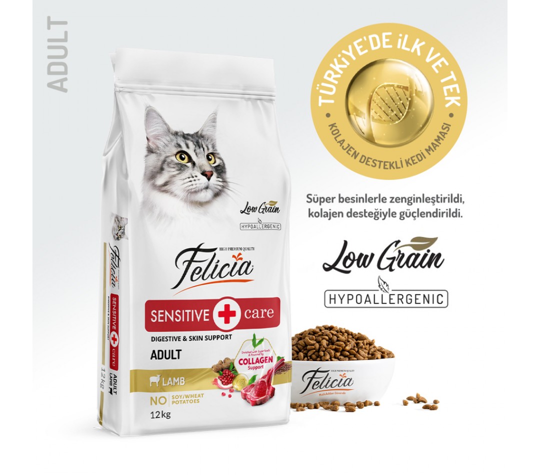Felicia 12 Kg Kolajenli Kuzulu Az Tahıllı Yetişkin Kedi Maması HypoAllergenic Kedi Maması Felicia 12 Kg Kolajenli Kuzulu Az Tahıllı Yetişkin Kedi Maması HypoAllergenic Kedi Maması