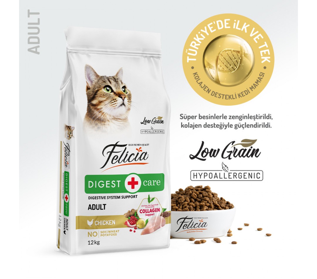 Felicia 12 Kg Kolajenli Tavuklu Az Tahıllı Yetişkin Kedi Maması HypoAllergenic Kedi Maması