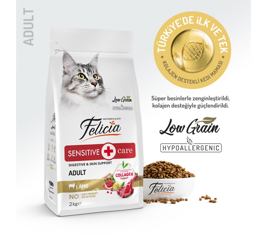 Felicia 2 Kg Kolajenli Kuzulu Az Tahıllı Yetişkin Kedi Maması HypoAllergenic Kedi Maması