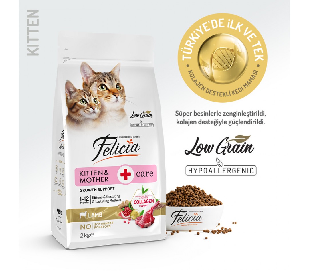Felicia 2 Kg Kolajenli Kuzulu Az Tahıllı Yavru Kedi Maması HypoAllergenic Kedi Maması