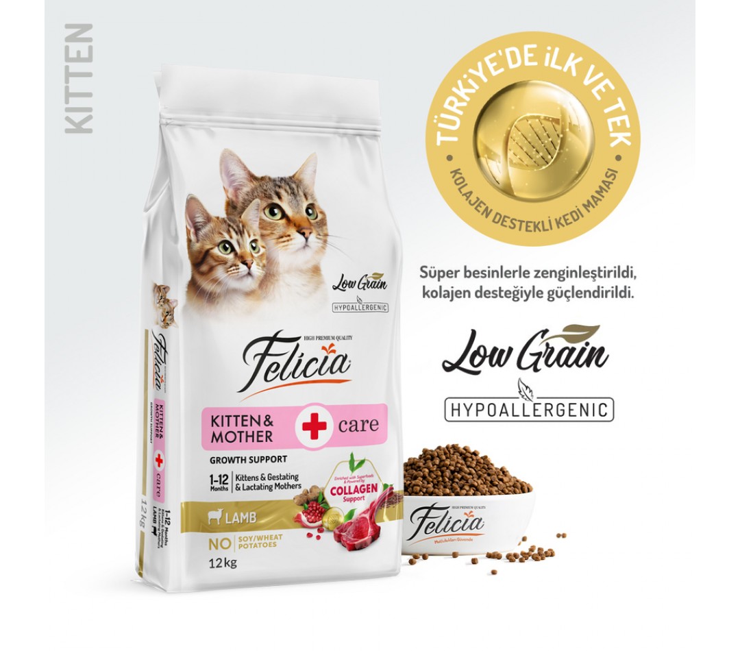 Felicia 12 Kg Kolajenli Kuzulu Az Tahıllı Yavru Kedi Maması HypoAllergenic Kedi Maması
