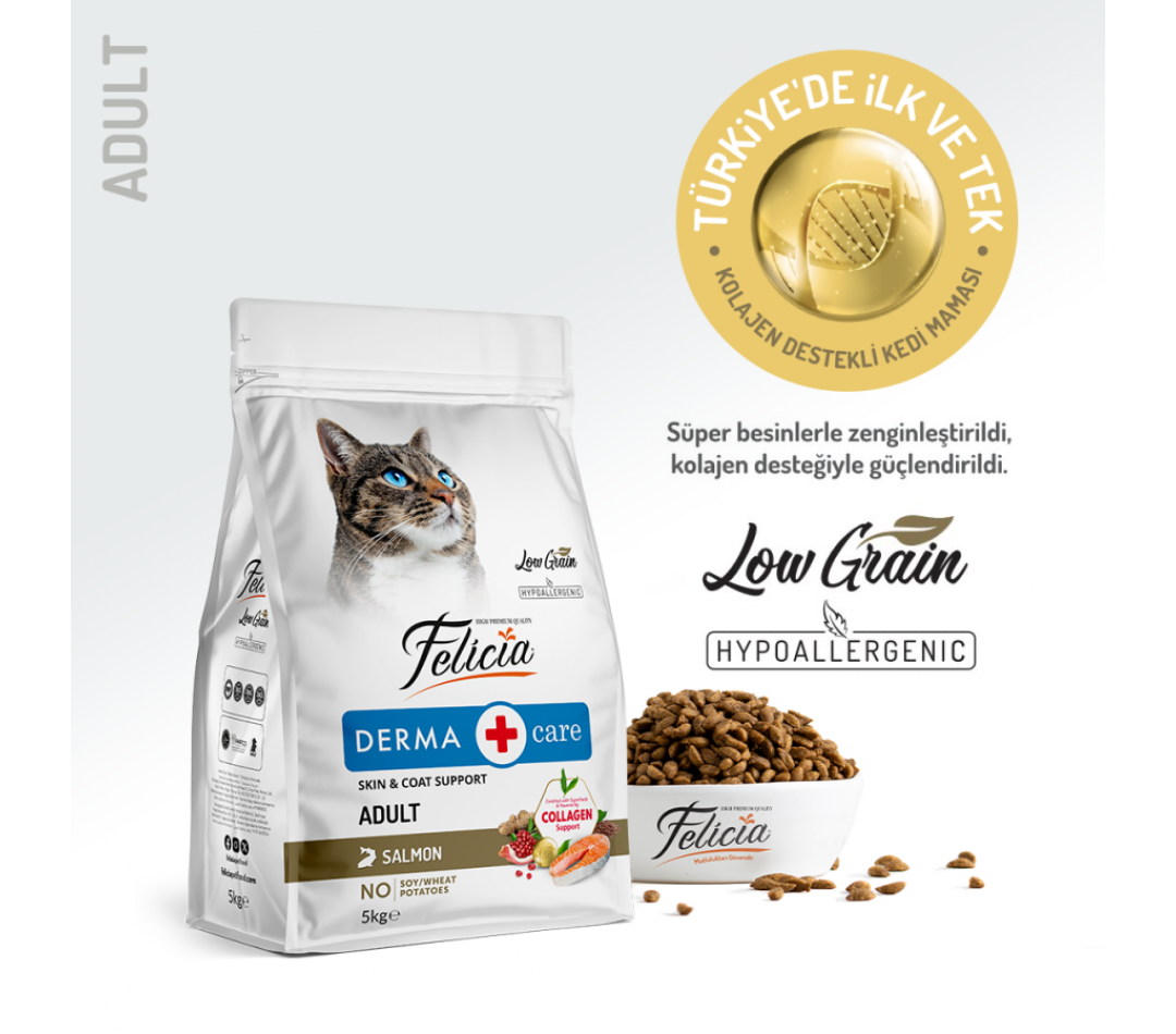 Felicia 5 Kg Kolajenli Somonlu Az Tahıllı Yetişkin Kedi Maması HypoAllergenic Kedi Maması