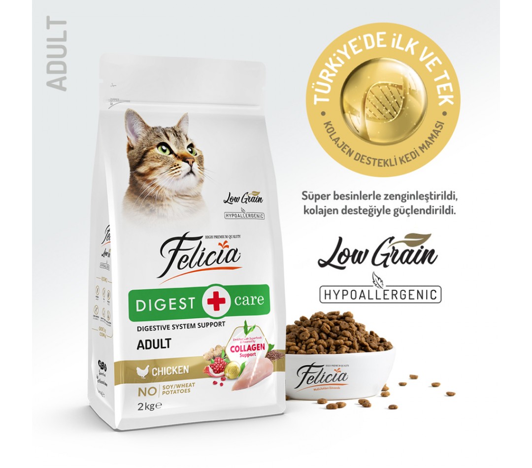 Felicia 2 Kg Kolajenli Tavuklu Az Tahıllı Yetişkin Kedi Maması HypoAllergenic Kedi Maması