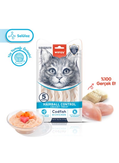 Wanpy Hairball Control Morina balığı&Tavuk Kedi Krema Ödülü 5x14gr